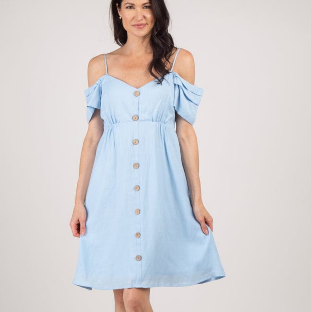 Pink Blush Light Blue Accent Open Shoulder Dress